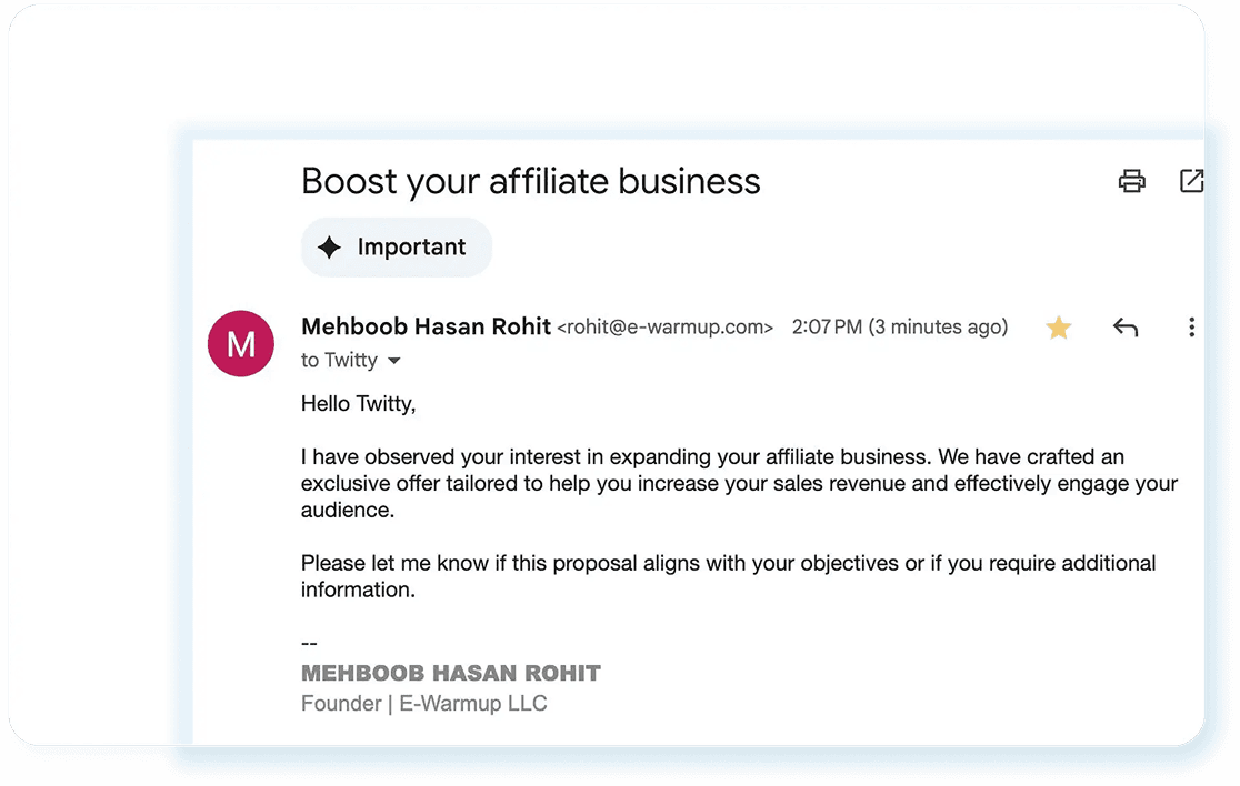 Inbox preview with email marked as important
