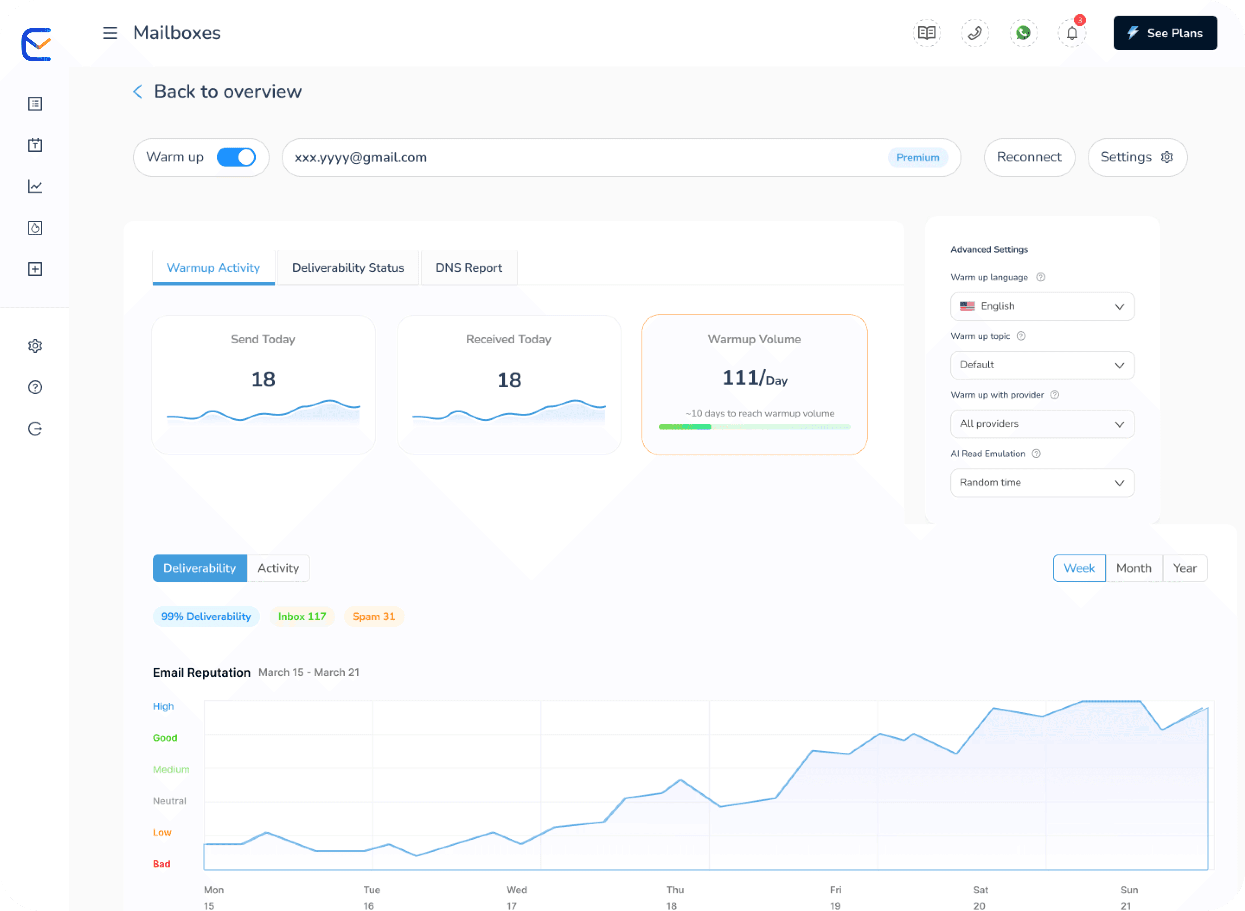 Email Warm Up With AI dashboard